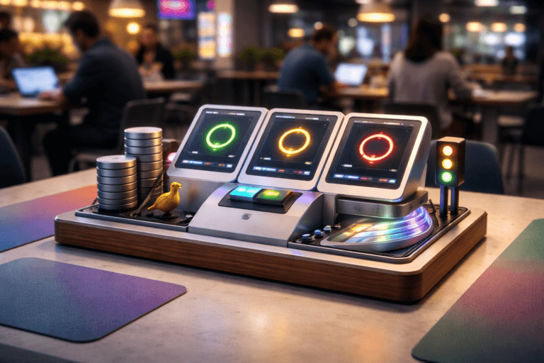 A photorealistic medium-wide cinematic shot, camera positioned approximately 1–2 meters from the subject, capturing a tactile 3D isometric control-console sculpture as the refined real-world hero object—a physical tabletop sculpture (~40 cm wide) crafted from brushed aluminum, matte polymer and a walnut base, built as an isometric miniature "Zero Downtime Deployment" dashboard: three angled glass touchscreen modules showing non-textual health semaphores (LED rings), a physical blue/green toggle implemented by color-coded hardware (no text), a small stylized canary figurine perched on a micro-rail, stacked cylindrical "database" columns, miniature traffic-light semaphore, and a ribbon of fiber-optic pipes representing traffic flow. All elements are tangible, instantly recognizable, and readable at 1–2 meters. The object integrates subtle electric-purple accents (#7B63FF) on LED rims and fiber-optic traces indicating intelligence or activity without overpowering realism. Set in a modern mall food-court table environment optimized for Tech‑Noir: a colorful food-court table surface with soft gradient placemats and trays, blurred diverse diners and professionals in the mid-ground using laptops and coffee, realistic public seating, glass storefront reflections and restrained neon signage in the distance. Lighting is low-key and practical—soft warm skylight from above, practical glow from the sculpture’s touch panels, restrained background neon, and a soft integrated white spotlight from the right-side above to gently reveal form, texture, and depth. Cinematic realism with a 35mm photographic look, medium-wide framing, shallow-to-medium depth of field, natural bokeh on background people, premium material textures (brushed metal, glass, wood, soft polymer), ultra-detailed photorealistic finish, subtle Tech‑Noir mood, neutral corporate palette with restrained neon accents and dominant electric purple highlights, 8K. Constraints: no text, no captions, no watermarks, no floating or dominating logos.