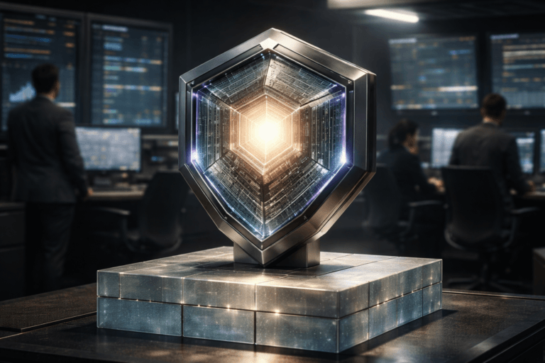 A photorealistic medium-wide cinematic shot, camera positioned approximately 1–2 meters from the subject, capturing a refined real-world hero object: a physical hexagonal security shield sculpture — 3D isometric–inspired, built from stacked translucent glass-resin layers with a polished matte metal frame, each layer slightly offset to reveal fine micro-etched telemetry traces and wiring, protecting a central luminous core (soft warm-white LED) that pulses subtly; the shield surface shows tactile machining and premium materials so the form is instantly readable at 1–2 meters. The object sits on a low pedestal made of translucent glass bricks (softly frosted, light passing through bricks) inside a modern tech-noir operations control room with wall-mounted telemetry panels, rack monitors showing animated audit-trail timelines (no legible text), compact alert LEDs, and a central SIEM-style console; realistic ops engineers (diverse, professional, candid postures, neutral expressions) work in the background or periphery, secondary to the shield. Lighting is low-key and practical — panel glow, monitor backlights, small onboard LEDs, and a soft integrated white spotlight from above/side that sculpts form and texture; add a restrained electric purple accent (#7B63FF) as subtle rim-lighting on layer edges and small indicator LEDs to suggest intelligence/activity without overpowering realism. Color palette: neutral corporate tones (charcoal, slate, soft steel) with restrained neon accents; shallow-to-medium depth of field with a 35mm or 50mm cinematic photographic look, natural filmic bokeh on background monitors, immaculate surface reflections, and realistic material rendering. Constraints: no captions, no text overlays, no logos unless explicitly provided, no watermarks. Cinematic realism, natural depth of field, premium materials, ultra-detailed, 8K.
