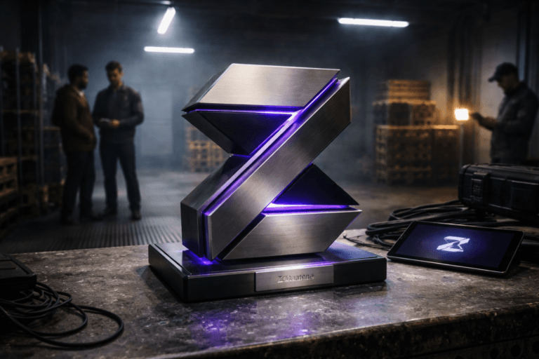 A photorealistic medium-wide cinematic shot, camera positioned approximately 1–2 meters from the subject, capturing a refined real-world hero object (a physical 3D isometric sculpture of the Zettabyte logo — precise geometric facets inspired by isometric design, polished brushed metal faces with matte anodized insets, embossed/laser-etched logo on a small metal plaque and a subtle, realistically integrated logo on a nearby tablet screen) clearly readable within a realistic environment. The object integrates subtle electric-purple accents (#7B63FF) as narrow LED rim lights and micro-illumination seams indicating intelligence or activity without overpowering realism. Set in an industrial loading dock (loading bay with diamond-plate/chequered metal flooring, stacked pallets and steel shelving, exposed conduit, low ambient mist) optimized as a real-world Tech-Noir environment, with natural human presence: two diverse data engineers in the background (candid posture, neutral expressions, slightly out of focus) and one technician at the periphery checking a tablet. Lighting is low-key and practical — overhead industrial LED strips, a warm tungsten work lamp near the dock, soft blue light from screens, complemented by a soft integrated white spotlight from above-side gently revealing the sculpture’s form, texture, and depth; subtle volumetric haze to enhance light shafts. Cinematic photographic realism: 35mm lens look, medium-wide framing, camera ~1.5 m from subject, aperture for shallow-to-medium depth of field (soft bokeh background, crisp detail on sculpture), natural perspective, accurate material rendering (brushed steel, anodized black, tempered glass base, subtle wear on floor). Color palette: neutral corporate tones (gunmetal, slate, concrete) with restrained neon accents (electric purple #7B63FF, cool blue screens, warm tungsten highlights). Composition: sculpture centered slightly off-axis, tablet with realistic logo placement on a workbench in the midground, humans and dock elements providing scale and lived-in context; hierarchy keeps the logo sculpture dominant but not overpowering. Realism level: photorealistic, high-fidelity textures, micro-details (screw heads, weld seams, subtle fingerprints), natural reflections, accurate shadowing, ultra-detailed, 8K. Constraints: no captions, no text overlays, no watermarks, no floating or exaggerated glowing logos — logos must be physically integrated and readable from 1–2 meters, balanced within the scene.