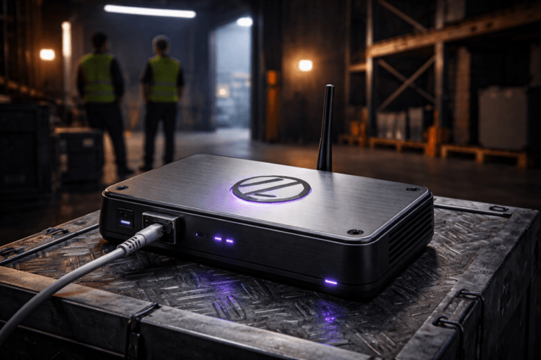 A photorealistic medium-wide cinematic shot, camera positioned approximately 1–2 meters from the subject, capturing a refined real-world hero object: a compact industrial Zigbee gateway device (physical, plausible size ~25×15×6 cm) placed on a low steel crate on the dock floor — the device features the official Zigbee logo accurately embossed as a 3D isometric metal emblem flush-mounted on the brushed-aluminum top plate, a short antenna, visible Ethernet port with connected cable, subtle status LEDs and rubber feet; the emblem shows isometric-faceted geometry but is a real, tangible metal plaque (no floating or excessive glow), clearly readable at the shooting distance. The object integrates subtle electric-purple accents (#7B63FF) as thin LED status rings and a restrained backlight behind the emblem indicating activity, without overpowering realism. Set in an optimized real-world Tech‑Noir environment: an industrial loading dock / warehouse loading bay with diamond-checker metal floor (chapa xadrez metálica), pallet racks, a partially open bay door with soft night city glow beyond, scattered equipment and scuff marks — lived-in and believable. Natural human presence in the background/periphery: two diverse warehouse workers in neutral safety vests, candid posture, faces unidentifiable and gently out of focus to keep them secondary. Lighting is low-key and practical: overhead linear LED strips, a warm adjustable work lamp to the side, and a soft integrated white spotlight from above at a slight angle (30°) to reveal texture and depth; controlled shadow contrast and subtle atmospheric haze for depth. Visual style: cinematic photographic realism with a Tech‑Noir influence, premium materials (brushed aluminum, matte black polymer, textured rubber), restrained neon accents. Camera and framing: medium-wide composition, slight low angle, 35mm–50mm photographic look, natural shallow-to-medium depth of field (logo and device sharp, background bokeh), precise focus on the emblem and device. Color palette: neutral industrial tones (gunmetal gray, matte black, warm amber highlights) with restrained electric purple #7B63FF accents and cool cyan reflections. Level of realism: photorealistic, ultra-detailed, tactile materials, realistic wear and scuffs, believable cable routing and mounting. Constraints: no captions, no text overlays, no watermarks, logo physically integrated and realistically placed (not floating or oversized), no exaggerated glow, 8K.