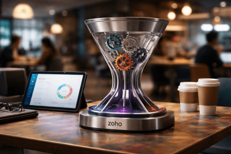 A photorealistic medium-wide cinematic shot, camera positioned approximately 1–2 meters from the subject, capturing a refined real-world hero object: a precision-crafted tabletop "marketing control funnel" sculpture — physically plausible metal-and-acrylic desktop device shaped like an inverted conical funnel with exposed interlocking mechanical gears and polished aluminum feed channels; gears are clearly readable at 1–2 meters, color-coded with restrained corporate tones (muted teal, slate, warm gray) and select colored caps, finished with premium brushed-metal and matte-acrylic surfaces, subtle electric-purple (#7B63FF) under-lighting along gear teeth and a thin activity ring to indicate intelligence without overpowering realism. The Zoho Marketing Automation logo appears realistically and unobtrusively: displayed on a nearby tablet screen leaning against the sculpture base (screen content visible but without extra text overlays) and as a small engraved brushed-metal plaque on the sculpture base — logos integrated on real surfaces, not floating or glowing. Set in a modern, lived-in mall food-court table environment reinterpreted as a tech-savvy operations break table: colorful laminate table surface with a few coffee cups and a tablet, soft reflections, candid diverse professionals in the mid-ground and background working on laptops and talking (clearly secondary, naturally posed, faces non-identifiable). Lighting is low-key and practical: warm overhead pendant lights from the food-court, a soft integrated white spotlight from above/side gently revealing form, texture and depth, complemented by subtle electric-purple accent LEDs on the object and tablet glow. Style: cinematic photographic realism with subtle Tech‑Noir influence, natural shallow-to-medium depth of field, 35mm/50mm cinematic look, medium-wide framing, camera height ~ chest level, premium materials, ultra-detailed surfaces, realistic human presence, muted corporate color palette with restrained neon accents, photorealistic, 8K. No captions, no text overlays, no watermarks, no floating or oversized logos.