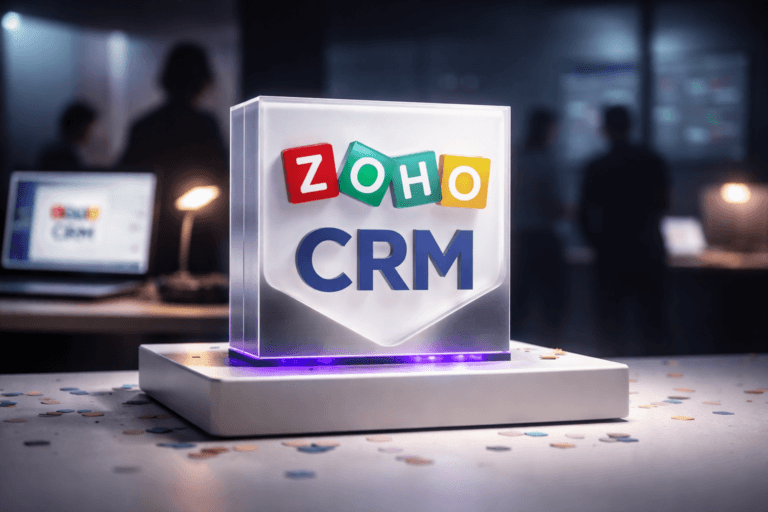 A photorealistic medium-wide cinematic shot, camera positioned approximately 1–2 meters from the subject, capturing a refined real-world hero object: a physical 3D isometric Zoho CRM logo sculpture (official Zoho CRM logo accurately reproduced on a 30cm isometric acrylic-and-brushed-aluminum block, embossed and edge-polished for realism) clearly readable within a realistic environment. The sculpture sits on a low white pedestal on a pristine white studio floor scattered with small, realistic paper confetti pieces in muted corporate tones; the base includes a discreet recessed ring of electric purple (#7B63FF) LED rim-lighting and tiny status indicator dots to imply intelligence, subtle and non-dominant. Set in a modern Tech‑Noir operations environment optimized for corporate marketing: a soft dark gradient background with out-of-focus silhouettes of diverse professionals and a bank of monitors showing faint dashboard light (one nearby laptop screen naturally displays the Zoho CRM logo and a blurred CRM interface), a desk lamp and a laptop serve as practical light sources. Lighting is low-key and controlled with a soft integrated white spotlight from above/side that sculpts form and texture, complemented by practical screen and lamp glows; electric purple is used sparingly as an accent only. Composition: medium-wide, eye-level to slightly low angle, 35mm photographic look, aperture ~f/2.8–f/4 for shallow-to-medium depth of field, natural filmic bokeh, high dynamic range. Materials and details ultra-detailed: frosted acrylic translucency, brushed metal grain, realistic paper fiber on confetti, subtle surface dust and micro-reflections. Cinematic realism, premium corporate aesthetic, no excessive glow, no floating logos, logo placement realistic and proportional, people secondary and out-of-focus, no captions, no text overlays, no watermarks, photorealistic, 8K.
