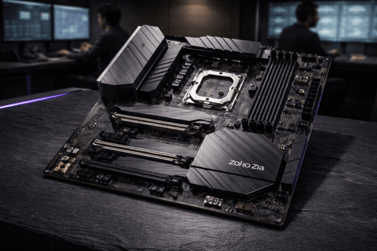 A photorealistic medium-wide cinematic shot, camera positioned approximately 1–2 meters from the subject, capturing a full-size high-end motherboard as the refined real-world hero object — matte deep-green/black PCB with ultra-detailed exposed copper traces, visible LGA CPU socket, VRM cluster with brushed-aluminum heatsinks, dual M.2 modules, and reinforced PCIe slots; a small, realistically placed Zoho Zia metal badge/logo engraved on the primary chipset heatsink (clearly legible at this distance, integrated into hardware, not floating or oversized) — the board is oriented in a slightly isometric top-down angle (around 25–35°) to evoke 3D isometric composition while remaining photorealistic. The object integrates subtle electric-purple accents (#7B63FF) as restrained LED fills within connector ports and faint trace highlights to indicate intelligence/activity without overpowering realism. Set on a natural black slate surface (ardósia negra) with a minimal soft-gradient backdrop, inside a modern Tech‑Noir corporate operations workstation — dimly lit control-room atmosphere with soft-focus monitors showing muted dashboards and two diverse technicians working in the background (neutral expressions, candid postures) as peripheral human presence. Lighting is low-key and practical: soft monitor glow from the rear-left, a thin purple LED accent strip along the table edge, and a soft integrated white spotlight from above at a slight side angle to reveal texture and depth on copper traces and metal finishes; subtle specular highlights on metals, natural soft shadows on slate. Camera: 35mm photographic look, medium-wide framing, natural shallow-to-medium depth of field (motherboard sharply in focus, background softly blurred), precise composition centered on the chipset area. Color palette: neutral corporate tones, deep blacks and slate grays, warm copper, brushed aluminum, with restrained electric-purple accents. Level of realism: ultra-detailed photorealism, premium materials, cinematic finish, 8K. Constraints: no captions, no text overlays, no watermarks; logo presented only as a realistic hardware marking.