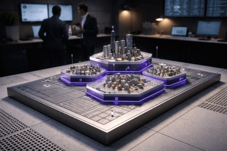 A photorealistic medium-wide cinematic shot, camera positioned approximately 1–2 meters from the subject, capturing a physically plausible isometric 3D tabletop sculpture that clearly reads as "Market Zoning" — a 60cm × 40cm matte-anodized aluminum base with an engraved street grid, raised modular acrylic hexagonal tiles grouped into three tiered service levels (A/B/C) with distinct heights, small matte-metal pin markers for major accounts, miniature realistic building blocks and curb-level details, and discreet recessed node LEDs indicating active zones. The sculpture uses premium materials (brushed metal, frosted and clear acrylic, soft-touch paint) and includes subtle electric-purple accents (#7B63FF) along tile edges and node lights to imply intelligence without overpowering realism. Set on a white raised access floor with perforated cooling panels visible around the pedestal, placed in a modern operations "war room" / market-planning lab with low-key Tech‑Noir mood: dark slate walls, a bank of dimmed monitors and a few practical desk lamps, cool monitor glow and muted ambient neon reflections. Natural human presence: two diverse professionals in business-casual attire in the background, candid and slightly out of focus, consulting a tablet and pointing at a screen — secondary to the sculpture. Lighting: controlled low-key, practical sources (monitor light, desk lamp), complemented by a soft integrated white spotlight from above at a 30° angle to gently reveal form, texture and depth; subtle rim lighting to separate edges. Camera & framing: medium-wide composition, 35mm photographic look, eye-level 1–2 m distance, centered subject, slight three-quarter angle to emphasize isometric geometry; shallow-to-medium depth of field with crisp focus on the sculpture and natural bokeh on background figures and screens. Color palette: neutral corporate tones (charcoal, concrete gray, warm desaturated beige) with restrained electric purple (#7B63FF) accents, muted cyan secondaries, and warm practical highlights. Visual style: cinematic photographic realism with subtle Tech‑Noir influence, ultra-detailed surface textures, accurate scale and believable materials, no surreal elements. Constraints: no text, no captions, no logos, no watermarks, no floating or glowing graphics, photorealistic, ultra-detailed, 8K.