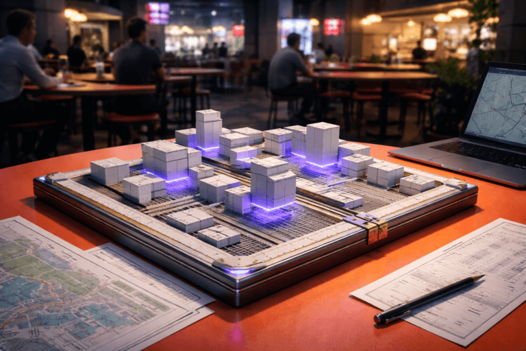 A photorealistic medium-wide cinematic shot, camera positioned approximately 1–2 meters from the subject, capturing a refined real-world hero object: a tactile modular "Zoning Layout" device — a physical architectural kit presented as a 3D isometric city-grid sculpture, clearly readable at human scale. Constructed from laser-cut anodized aluminum guide rails, engraved brass measurement edges, and matte white 3D-printed building modules (distinct volumetric blocks for height and setback), with subtle recessed electric-purple LED inlays (#7B63FF) that indicate active modules; scale markings and small removable modular tiles make rules and measurements instantly legible. The object sits centered on a brightly colored communal food-court table in a modern urban transit-hub food court (day-to-dusk), accompanied by a printed site map, a folded plan sheet, a checklist card, a pen, and an open laptop showing a muted GIS map (no prominent logos). The object integrates subtle electric-purple accents indicating intelligence or activity without overpowering realism. Set in a believable Tech‑Noir environment: low-key ambient light from overhead pendant lamps and warm practical lighting from nearby kiosks, soft neon reflections from distant signage, exposed concrete and glass architecture in the background. Natural human presence: 3–4 diverse professionals in business-casual attire around the table and in the background, candid postures, neutral expressions, secondary to the main object. Lighting is controlled and cinematic — practical light sources plus a soft integrated white spotlight from above or the side gently revealing form, texture, and depth, producing crisp highlights on metal edges and soft micro‑shadowing on printed plans. Cinematic realism, natural shallow-to-medium depth of field (subject sharp, peripheral background gently defocused), 35mm/50mm photographic look, premium materials, ultra-detailed surfaces, realistic scale and physics, 8K photoreal render. No captions, no text overlays, no watermarks.