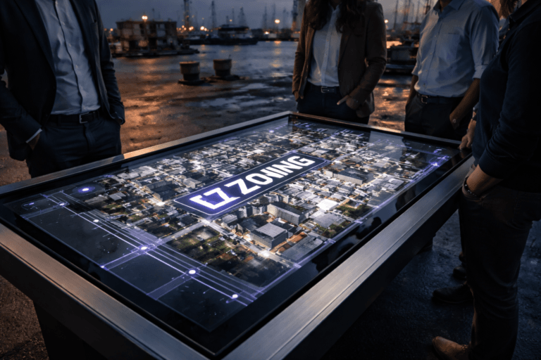 A photorealistic medium-wide cinematic shot, camera positioned approximately 1–2 meters from the subject, capturing a premium interactive horizontal touchscreen decision table (tempered glass surface, brushed aluminum frame) displaying a photorealistic isometric 3D rendition of the Zoning brand logo integrated into an interactive neighborhood maquette — the logo rendered as part of the model on-screen (clearly readable from 1–2 meters, realistically placed on the device, no floating or oversized glow), with parcel boundaries, building volumes, and subtle validation overlays. The object integrates subtle electric-purple accents (#7B63FF) used only as thin rule-trace highlights and status nodes to indicate automated validations, without overpowering realism. Set in a lived-in port quay environment at dusk: concrete dock with heavy mooring bollards (cabeços de amarração), stacked containers and a moored cargo vessel silhouette in the mid-background, faint ship navigation lights and crane silhouettes providing industrial context. Natural human presence: a small, diverse group of municipal planners and designers (3–4 people) standing and leaning casually around the table, candid neutral expressions, professional attire, secondary to the main object. Lighting is low-key and practical — cool screen light from the table, warm dock floodlights and distant vessel lights, complemented by a soft integrated white spotlight from above/side that gently sculpts form and texture. Materials and textures ultra-detailed: tempered glass reflections, subtle fingerprints and edge bloom on the screen, brushed metal frame, wet concrete dock with shallow puddles reflecting neon accents. Camera and framing: medium-wide cinematic composition, 35mm photographic look, shallow-to-medium depth of field with natural bokeh on the ship and bollards, camera height slightly above table edge, subject centered but with dynamic negative space toward the quay. Color palette: neutral corporate tones (graphite, slate, warm concrete) with restrained electric-purple accents and cool cyan fill from screens. Level of realism: photorealistic, Tech‑Noir influenced but grounded, no surreal floating elements. Constraints: no captions, no text overlays, no watermarks, logo and UI elements must appear as realistic screen-rendered geometry and device graphics only. Cinematic realism, natural depth of field, premium materials, ultra-detailed, 8K.