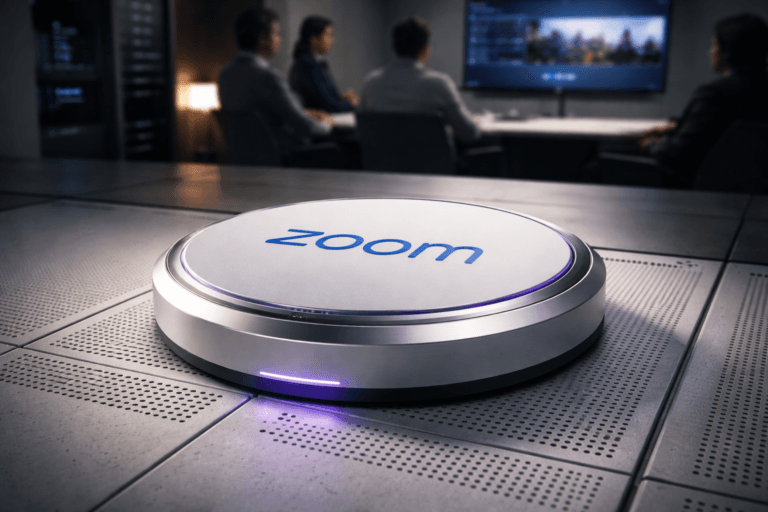 A photorealistic medium-wide cinematic shot, camera positioned approximately 1–2 meters from the subject, capturing a physical 3D isometric-inspired Zoom brand badge as the hero object — a sculpted control puck (~30 cm diameter) with the official Zoom logo embossed and enamel-filled, constructed from brushed aluminum, matte white polymer and a tempered glass inset; the badge reads clearly from 1–2 meters and sits flush on a raised white technical floor tile with perforated cooling plates. The object integrates subtle electric-purple accents (#7B63FF) as thin LED inlays, micro-edge lighting beneath the glass, and faint indicator dots to suggest intelligence and activity without overpowering realism. Set in a modern hybrid meeting hub: an interior corporate AV alcove / meeting room with a visible raised access floor (perforated panels for cooling), nearby equipment rack glimpses, and a wall-mounted conference screen in the background showing a realistic Zoom meeting UI (small, natural logo on the screen, not dominant). Natural human presence occupies the periphery: 3–5 diverse professionals (different ages and ethnicities), candid postures, neutral expressions, slightly blurred to remain secondary. Lighting is low-key and practical — cool ambient from screens, warm practical desk lamp, and a soft integrated white spotlight from above-left (or above-side) that gently reveals form, texture and depth; include a restrained purple rim light echoing the #7B63FF inlays. Camera and framing: 35mm cinematic look, medium-wide framing, slight low angle (~30°) to emphasize the control hub, natural perspective, shallow-to-medium depth of field with the badge crisply in focus and background bokeh. Color palette: neutral corporate greys, whites and muted blacks, with restrained neon accents (primary accent Electric Purple #7B63FF), occasional cyan and warm tungsten highlights. Materials and detail: ultra-detailed photoreal textures — perforated metal floor, micro-scratches on aluminum, soft reflections on tempered glass, stamped enamel logo, realistic plastic seams, subtle dust in crevices. Style: cinematic photographic realism with subtle Tech-Noir influence, premium materials, no surreal elements. Constraints: no text overlays, no captions, no watermarks, no floating or exaggerated glowing logos — the official Zoom logo appears only as realistic physical branding (embossed badge and small UI on screen) and never dominates the composition. Cinematic realism, natural depth of field, premium materials, ultra-detailed, 8K.