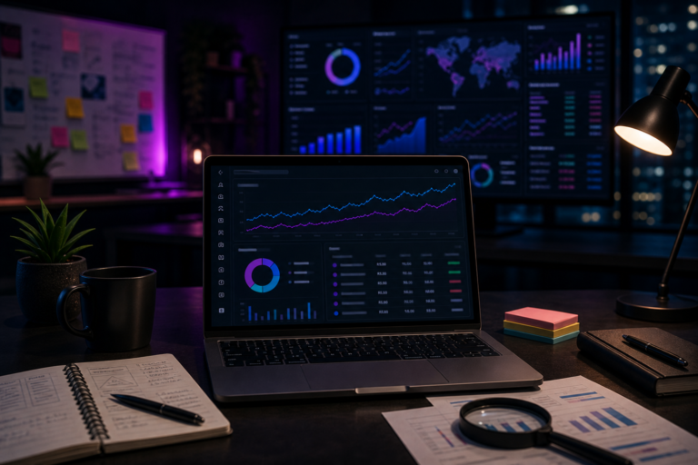 Imagem de destaque para Agência SEO: como escolher serviços que entregam resultados reais, mostrando uma mesa estratégica de SEO com dashboards de busca, gráficos de posicionamento e sinais de otimização em um ambiente tecnológico e corporativo.