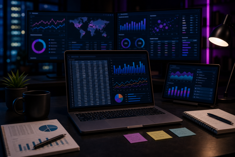 Imagem de destaque para Analista de Dados: carreira, ferramentas, salário e como começar, mostrando uma estação analítica com planilhas, gráficos e telas de business reporting em um ambiente tecnológico e corporativo.