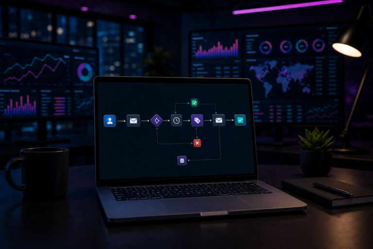 Imagem de destaque para Automação de Marketing: guia completo com ferramentas, fluxos e métricas, mostrando um fluxo de automação conectando email, CRM e telas de analytics em um ambiente tecnológico e corporativo.