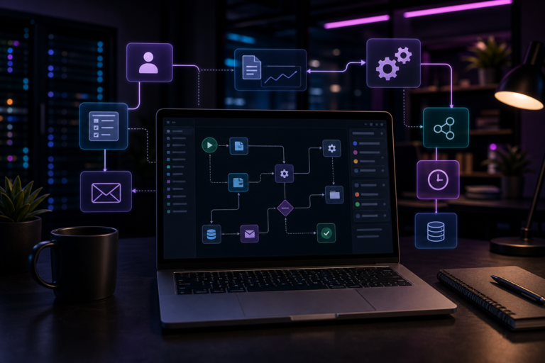 Imagem de destaque para Automação de Processos: guia completo de ferramentas e implementação, mostrando fluxos de processos conectados com engrenagens, formulários e nós de automação ao redor de um laptop em um ambiente tecnológico e corporativo.