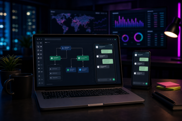 Imagem de destaque para Chatbot WhatsApp: como criar, melhores ferramentas e estratégias, mostrando uma interface de automação de conversa no estilo WhatsApp com balões de mensagem e fluxos em um ambiente tecnológico e corporativo.