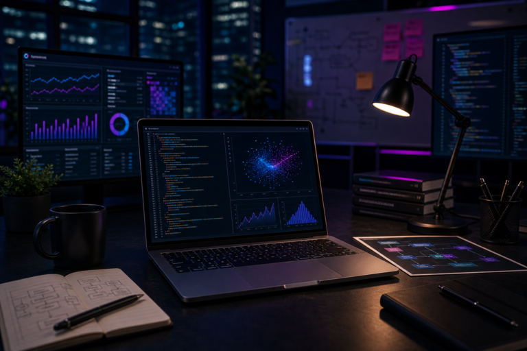 Imagem de destaque para Cientista de Dados: carreira, habilidades, salário e como se tornar um, mostrando uma estação de trabalho de ciência de dados com notebooks, modelos analíticos e dashboards em um ambiente tecnológico e corporativo.