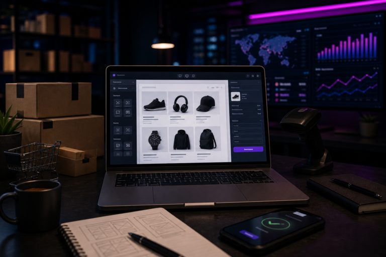 Imagem de destaque para Como criar um site de vendas: guia completo do zero ao primeiro pedido, mostrando um centro de controle de e-commerce com loja virtual, caixas de envio e dashboards de receita em um ambiente tecnológico e corporativo.