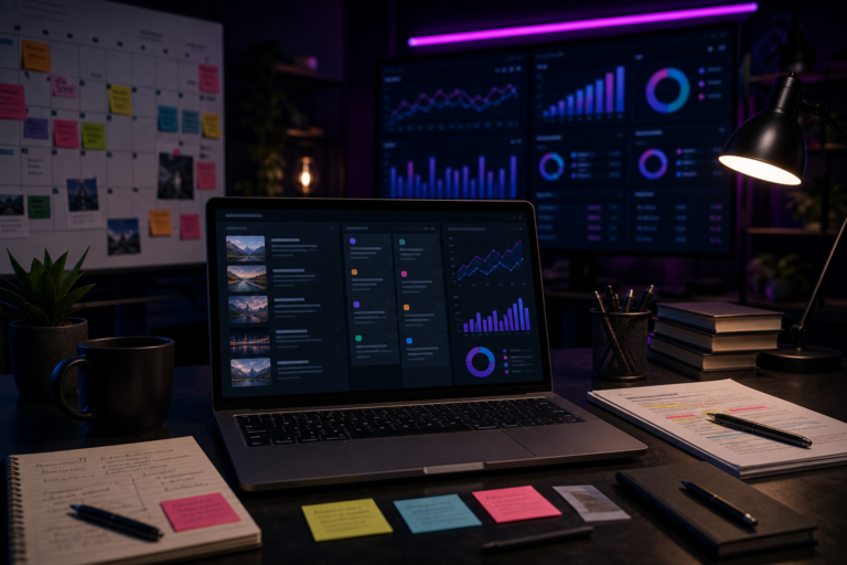 Imagem de destaque para Content Marketing Guide: Guia Definitivo de Marketing de Conteúdo, mostrando um estúdio editorial com calendário de conteúdo, rascunhos de artigos e dashboards de performance em um ambiente tecnológico e corporativo.