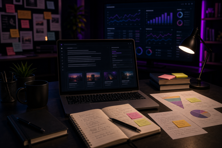 Imagem de destaque para Copywriter: O que Faz, Quanto Ganha, Como se Tornar um e Ferramentas Essenciais, mostrando uma mesa de copywriting com textos de campanha, anotações de conversão e gráficos de performance em um ambiente tecnológico e corporativo.