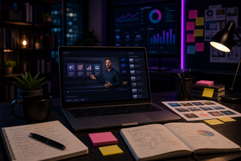 Imagem de destaque para Curso de Marketing Digital: melhores opções gratuitas e pagas, mostrando um ambiente de estudo de marketing digital com aulas abertas, caderno e exemplos de campanhas em um ambiente tecnológico e corporativo.