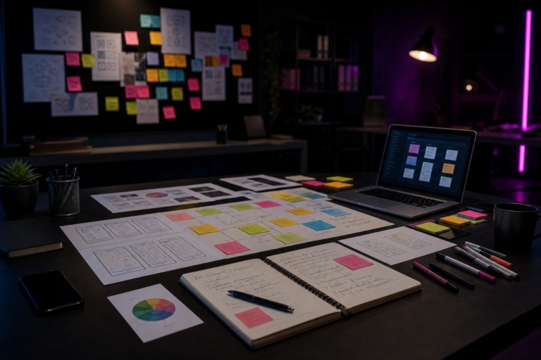 Imagem de destaque para Design Thinking: o que é, etapas e como aplicar em marketing e negócios, mostrando uma mesa de workshop estratégico com post-its, wireframes e materiais colaborativos em um ambiente tecnológico e corporativo.