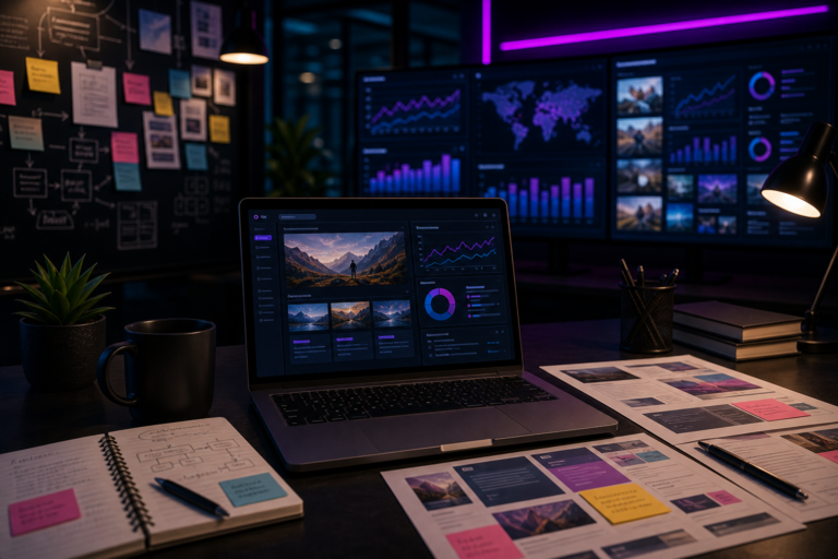 Imagem de destaque para Empresas de marketing digital: como escolher a agência certa para o seu negócio, mostrando uma war room de agência digital com campanhas, criativos e telas de planejamento em um ambiente tecnológico e corporativo.