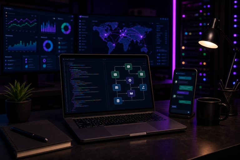 Imagem de destaque para Evolution API: Guia Completo para Automação de WhatsApp em Marketing e Vendas, mostrando um backend de automação para WhatsApp com conexões de API, fluxos de mensagem e dashboards de integração em um ambiente tecnológico e corporativo.