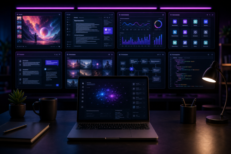 Imagem de destaque para Ferramentas de IA: as melhores opções por categoria, mostrando uma parede curada de interfaces de IA representando diferentes categorias de ferramentas em um ambiente tecnológico e corporativo.