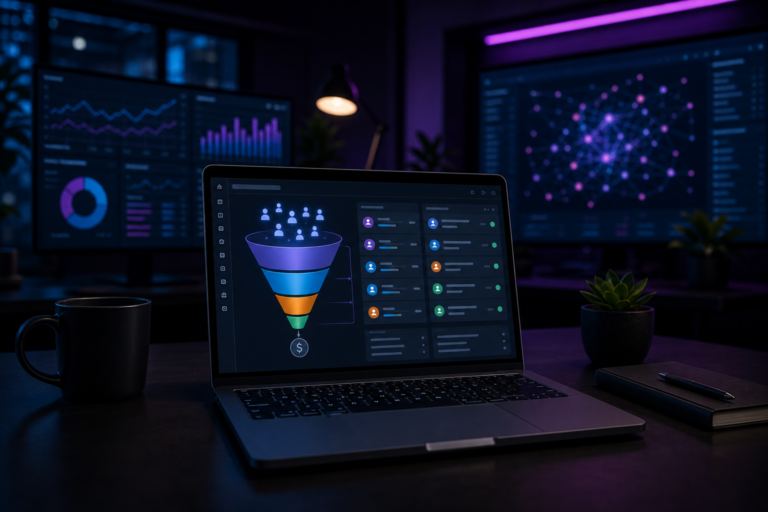 Imagem de destaque para Geração de Leads: estratégias, ferramentas e métricas para escalar, mostrando um funil de geração de leads transformando contatos em oportunidades qualificadas dentro de um CRM em um ambiente tecnológico e corporativo.
