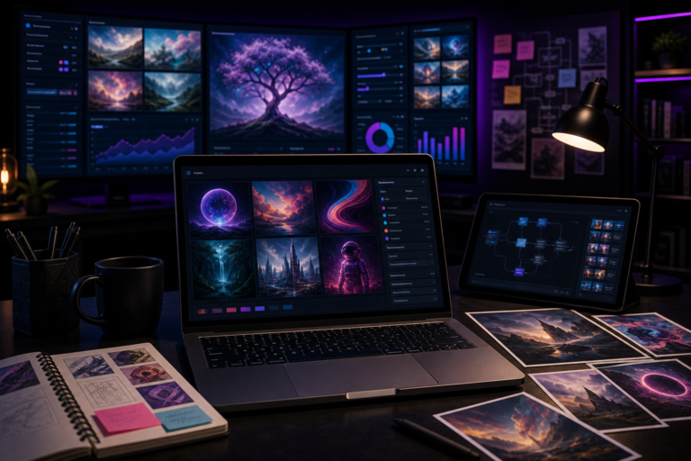 Imagem de destaque para Gerador de Imagens IA: Comparativo Completo com Preços, Prós e Contras para Escolher a Melhor Ferramenta, mostrando um estúdio criativo com telas de geração de imagem, artboards e saídas visuais de IA em um ambiente tecnológico e corporativo.