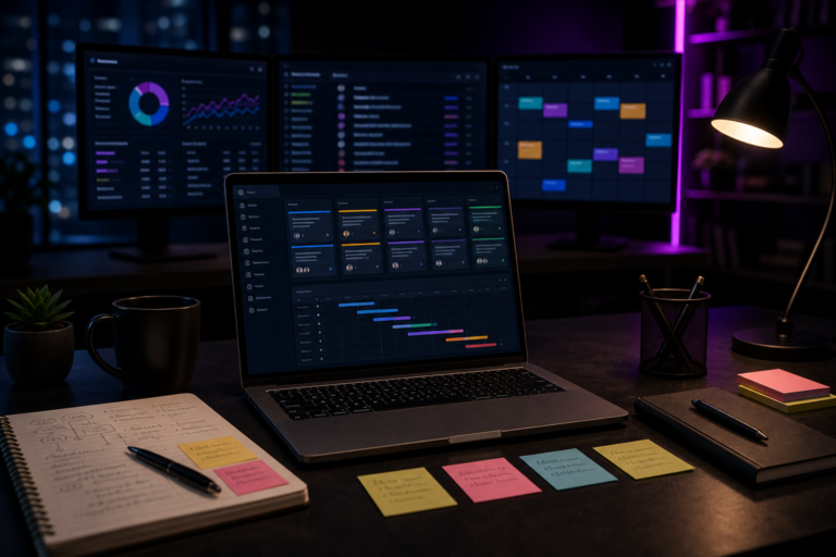 Imagem de destaque para Gestão de Projetos: metodologias, ferramentas e guia prático, mostrando uma mesa de gestão de projetos com kanban, cronogramas, notas e telas de coordenação em um ambiente tecnológico e corporativo.