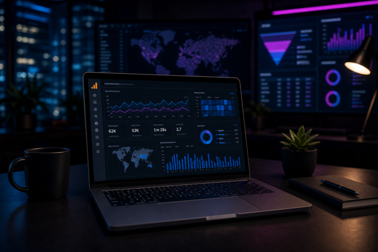 Imagem de destaque para Google Analytics 4: guia completo de configuração, métricas e relatórios, mostrando um dashboard de analytics web com tráfego, eventos e insights de conversão em um ambiente tecnológico e corporativo.