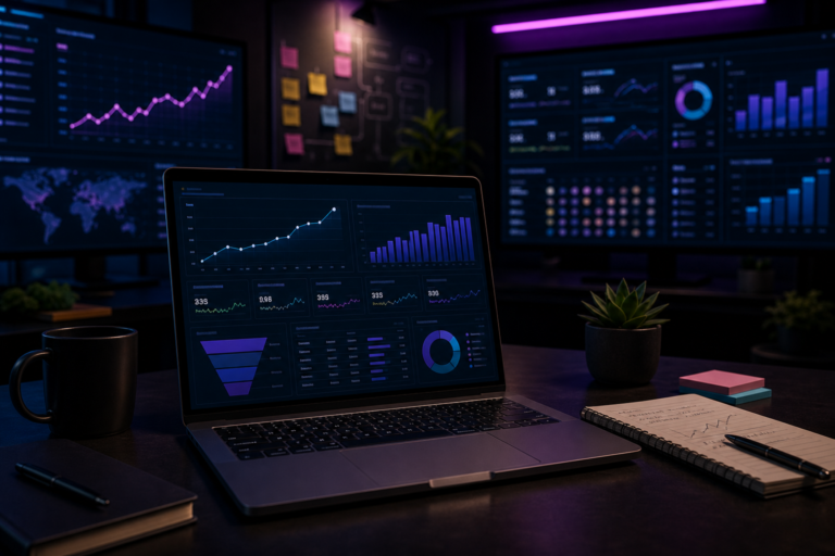 Imagem de destaque para Growth Marketing: estratégias, framework e métricas para escalar, mostrando um motor de crescimento com gráficos ascendentes, dashboards de experimentos e sinais de escala em um ambiente tecnológico e corporativo.