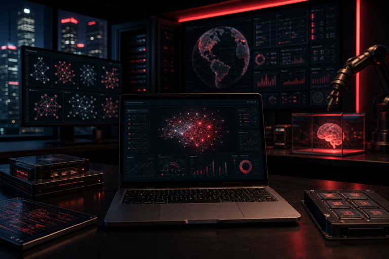 Imagem de destaque para IA Chinesa: Modelos, Ferramentas e Aplicações Práticas para Marketing e Negócios, mostrando um laboratório futurista de pesquisa em IA com modelos multilíngues, hardware avançado e luzes em tons vermelhos em um ambiente tecnológico e corporativo.