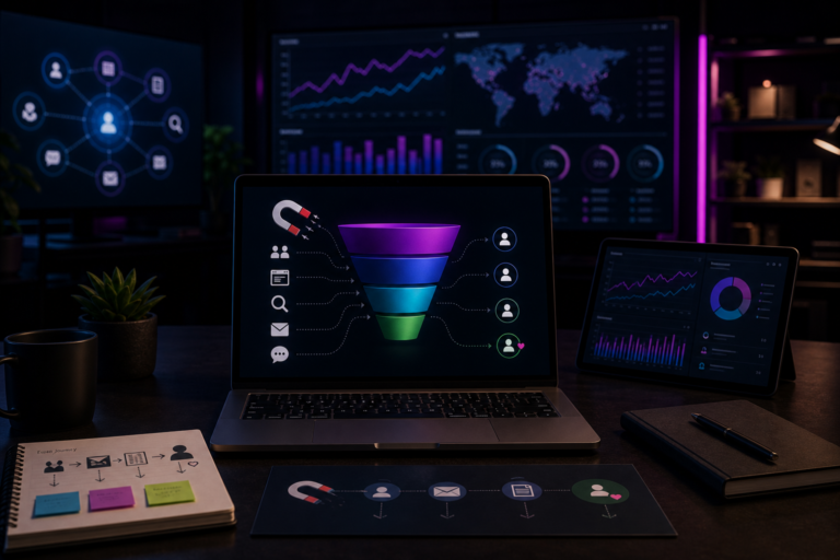 Imagem de destaque para Inbound Marketing: estratégia completa para atrair, converter e fidelizar, mostrando um funil digital com ímã atraindo visitantes, leads e clientes entre canais em um ambiente tecnológico e corporativo.