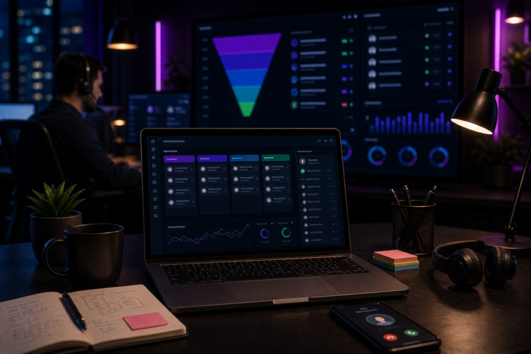 Imagem de destaque para Inside Lead: como gerar leads qualificados com inside sales e escalar receita, mostrando um funil de geração de leads transformando contatos em oportunidades qualificadas dentro de um CRM em um ambiente tecnológico e corporativo.