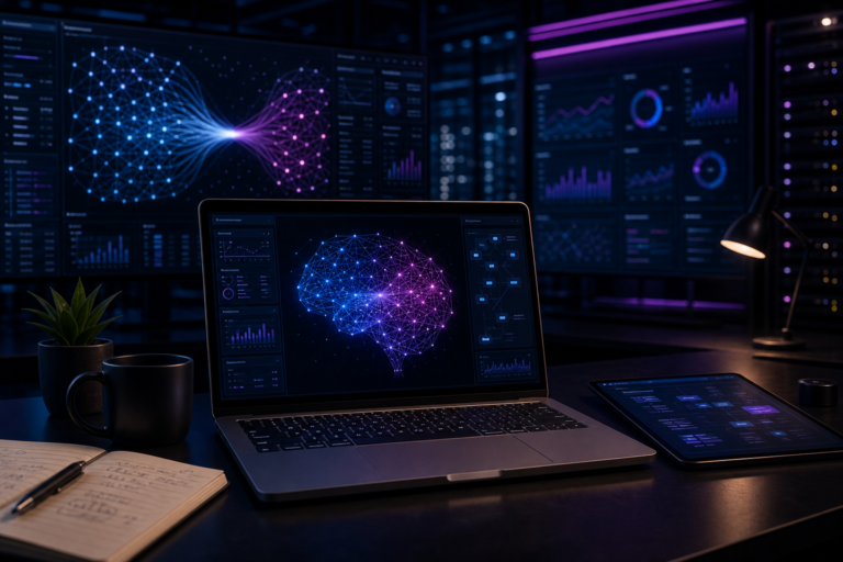 Imagem de destaque para Inteligência Artificial: o que é, como funciona e aplicações práticas, mostrando um núcleo futurista de inteligência artificial com redes neurais, fluxos de dados e interfaces de negócio em um ambiente tecnológico e corporativo.