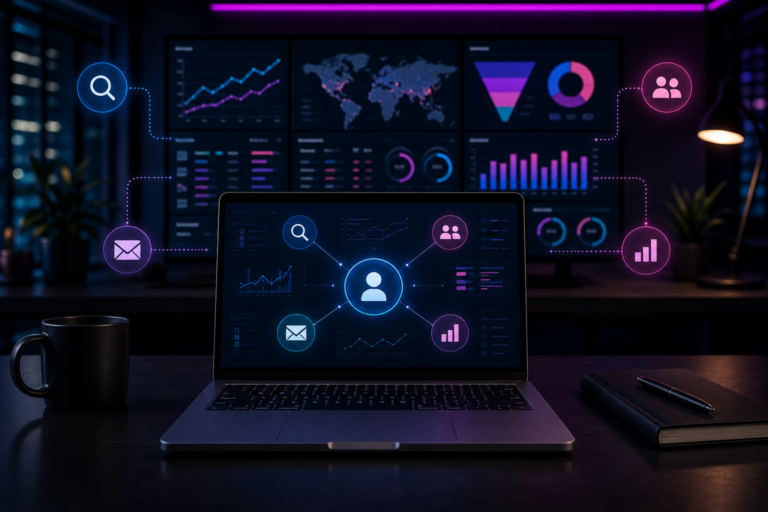 Imagem de destaque para Marketing Digital: o que é, estratégias e guia completo, mostrando uma central de marketing multicanal conectando busca, social, email e analytics em um ambiente tecnológico e corporativo.