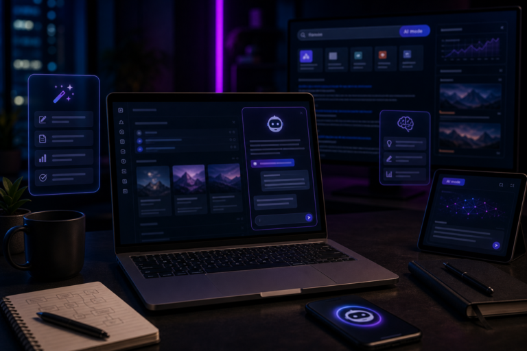 Imagem de destaque para Modo IA: O que É, Como Usar e Como Ativar nas Principais Ferramentas, mostrando uma interface moderna de software com modo IA ativado em ferramentas de produtividade e busca em um ambiente tecnológico e corporativo.