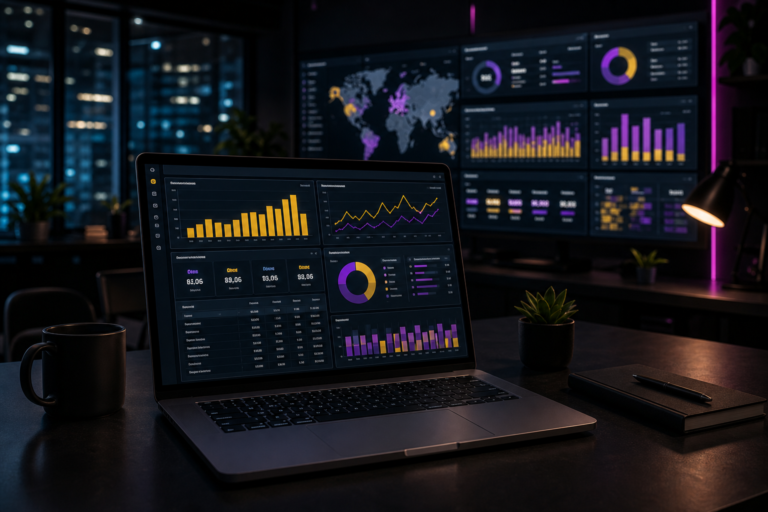 Imagem de destaque para Power BI: o que é, como usar e guia completo para iniciantes, mostrando grandes dashboards executivos com gráficos, KPIs e relatórios analíticos em um ambiente tecnológico e corporativo.