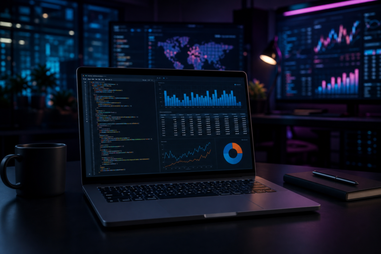 Imagem de destaque para Python para Marketing e Dados: guia prático de automação e análise, mostrando um laptop com código em Python, tabelas de dados e dashboards de marketing iluminados na tela em um ambiente tecnológico e corporativo.