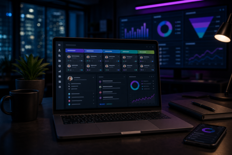 Imagem de destaque para Sistema CRM: O Que É, Como Escolher e os Melhores para Empresas Brasileiras, mostrando uma interface de CRM com pipeline de vendas, cartões de contato e histórico do cliente em um ambiente tecnológico e corporativo.