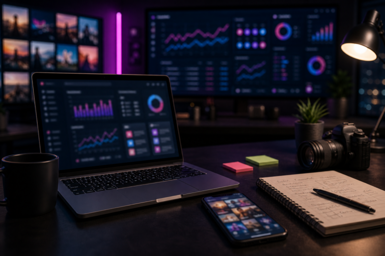 Imagem de destaque para Social Media Marketing: estratégia completa para marcas, mostrando uma mesa de estratégia social media com smartphone, prévias de conteúdo e gráficos de engajamento em um ambiente tecnológico e corporativo.