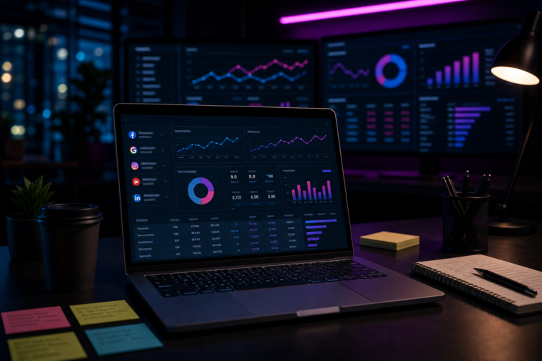 Imagem de destaque para Tráfego Pago: o que é, como funciona e guia completo para começar, mostrando uma central de mídia paga com dashboards de campanhas, orçamento e sinais de performance em um ambiente tecnológico e corporativo.