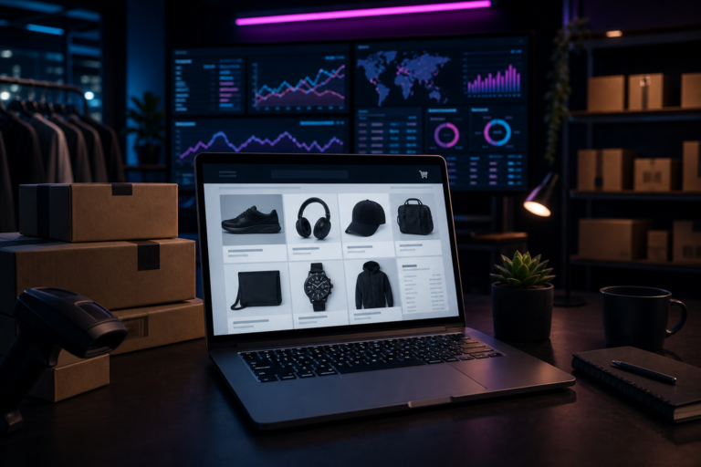 Imagem de destaque para Vendas Online: estratégias, canais e ferramentas para escalar, mostrando um centro de controle de e-commerce com loja virtual, caixas de envio e dashboards de receita em um ambiente tecnológico e corporativo.