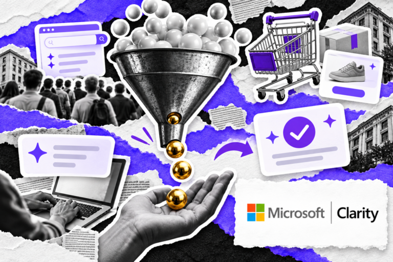 Colagem editorial com os elementos da notícia reposicionados e a identificação de Microsoft Clarity em quadro branco no canto inferior direito.