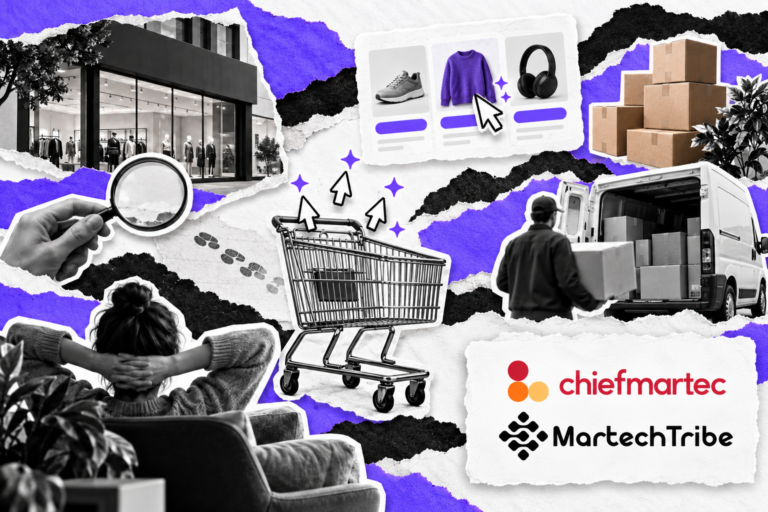 Colagem editorial com os elementos da notícia reposicionados e a identificação de chiefmartec e MartechTribe em quadro branco no canto inferior direito.
