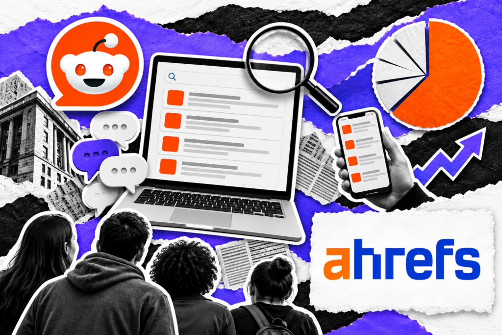 Colagem editorial com os elementos da notícia reposicionados e a identificação de Ahrefs em quadro branco no canto inferior direito.