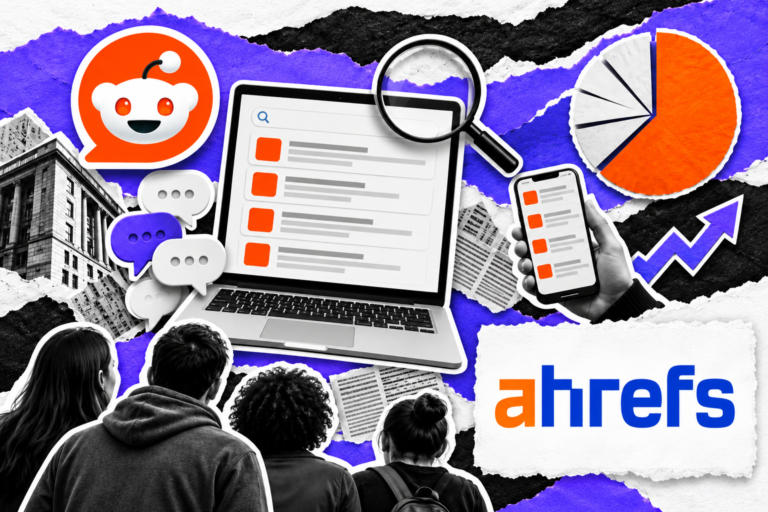 Colagem editorial com os elementos da notícia reposicionados e a identificação de Ahrefs em quadro branco no canto inferior direito.