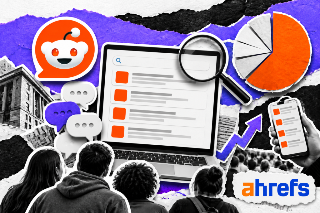 Colagem sobre Reddit nos resultados de fóruns, com o logo da Ahrefs, responsável pelo levantamento.