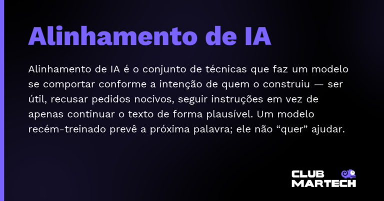 Alinhamento de IA — Alinhamento de IA é o conjunto de técnicas que faz um modelo se comportar conforme a intenção de quem o construiu — ser
