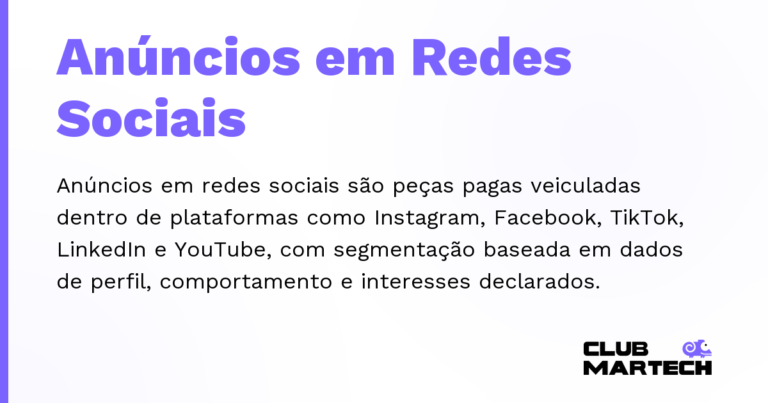 Anúncios em Redes Sociais — Anúncios em redes sociais são peças pagas veiculadas dentro de plataformas como Instagram, Facebook, TikTok, LinkedIn e