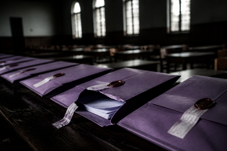 Fileira de envelopes de prova lacrados sobre mesa de fiscal, com um deles aberto antes da hora